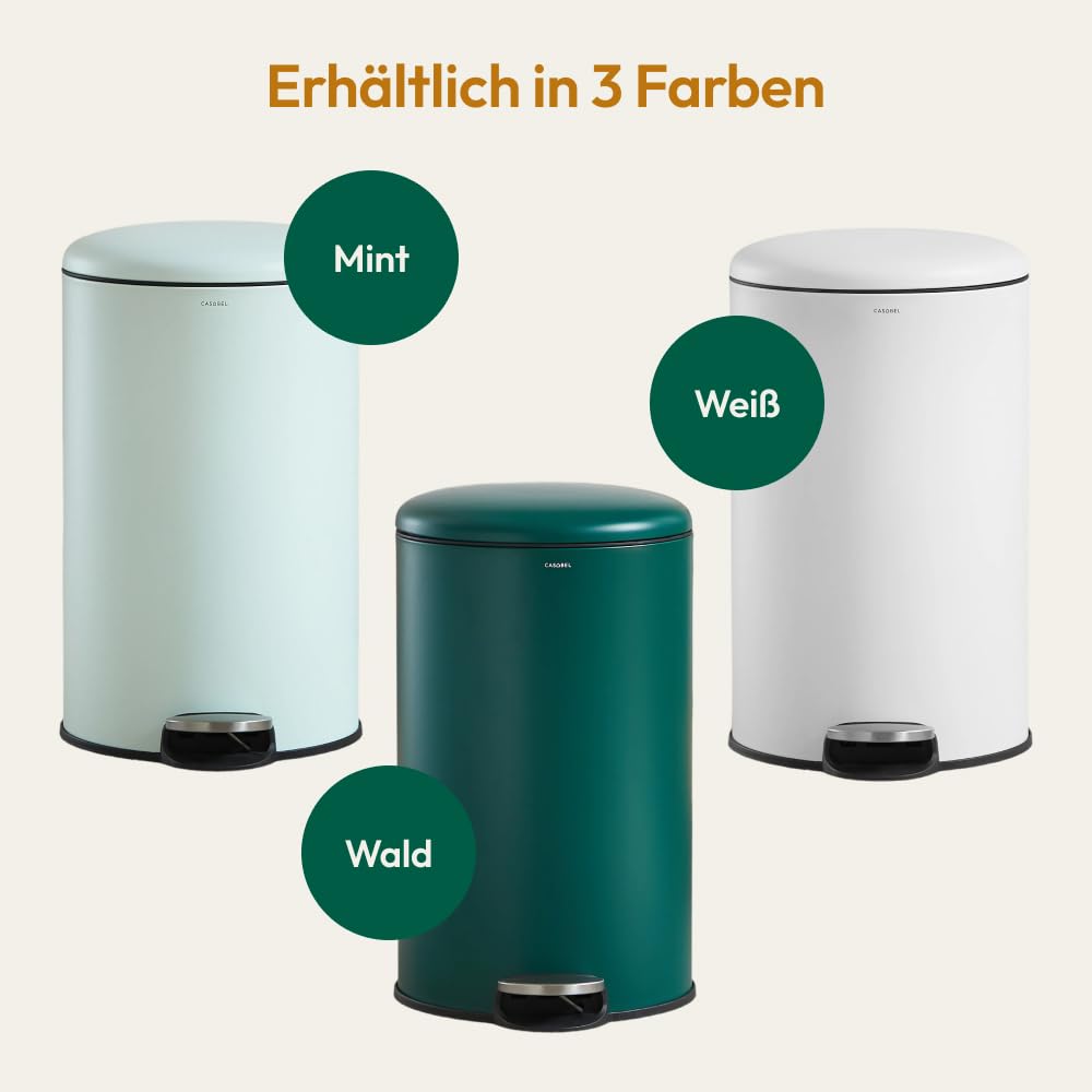 CASABEL Mülleimer Küche 30L, 100% Edelstahl, Resistent gegen Fingerabdrücke, Runder Treteimer mit Fußpedal, Abfalleimer mit Deckel für Bad, Küche, Büro, Mintgrün