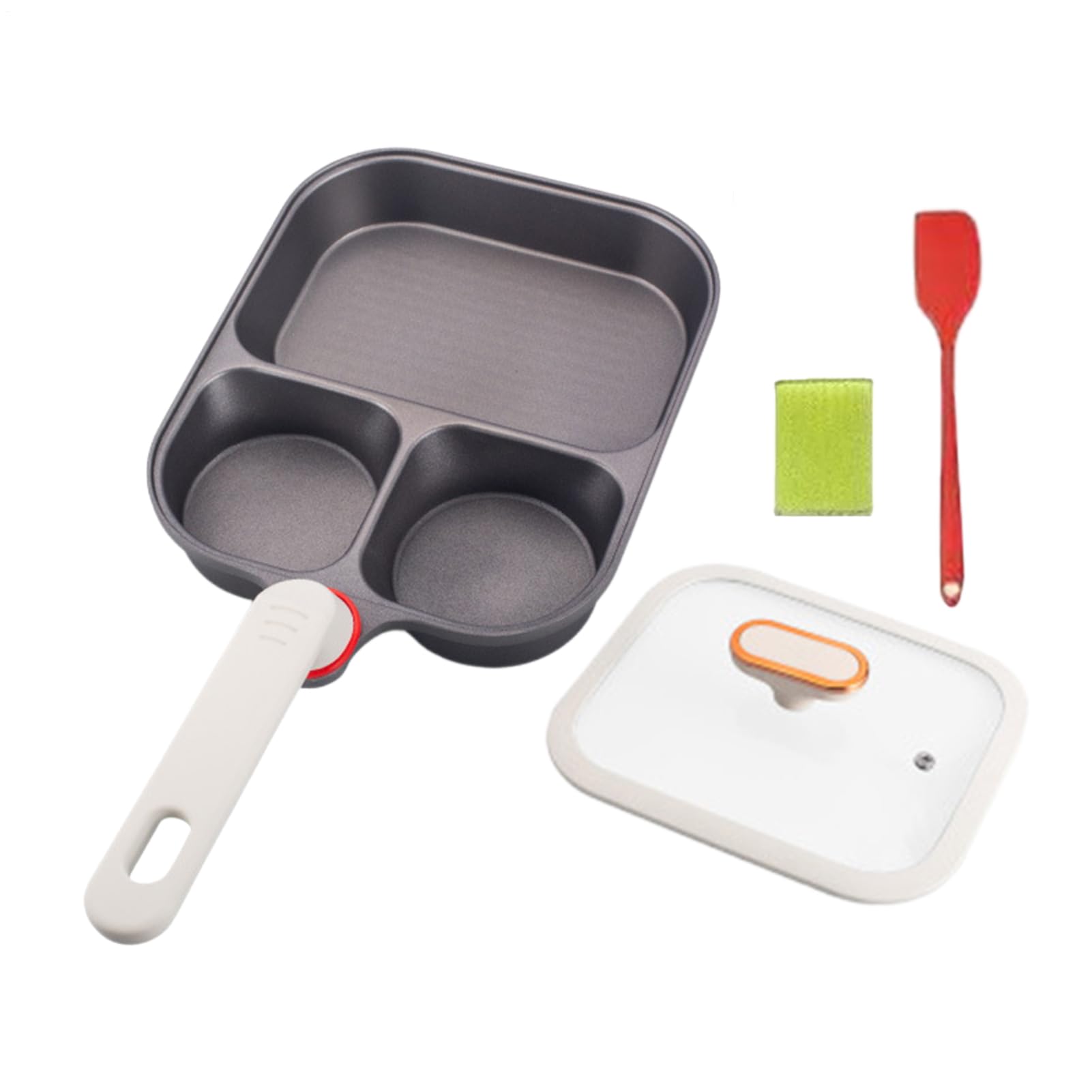 Padella Antiaderente per Uova Padella da Cucina a 3 Scomparti Multiuso | Tegamino Divisorio con Coperchio e Spatola in Silicone per Uova, Pancake, Bacon e Preparazione Pasti