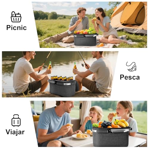 Miniatura 4 de Allcamp Cesta Plegable- Cesta Térmica Para La Compra Con Tapa, Cesta De Picnic Extraíble Para 4 Personas,Cesta Térmica Gruesa Con Marco De Aluminio Negro Grande