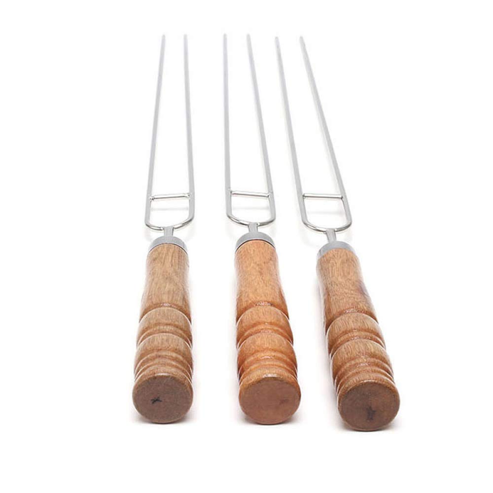 HMTE Tenedor de Acero Inoxidable Aguja Doble Pincho en Forma de U Mango de Madera Aguja de Barbacoa Palo Herramientas de Picnic para Acampar al Aire Libre Cocinar Suministros de Barbacoa