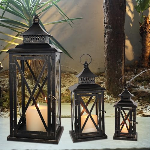 DECORKEY 3PCS (20’’&13’’&9’’) Lanterns Decorative Indoor & Outdoor, Vintage Metal Frame Candle Holders for Front Porch, Patio, Pathway, Balcony, Garden, Yard Decor, Halloween Christmas Decorations by DECORKEY - Image 8