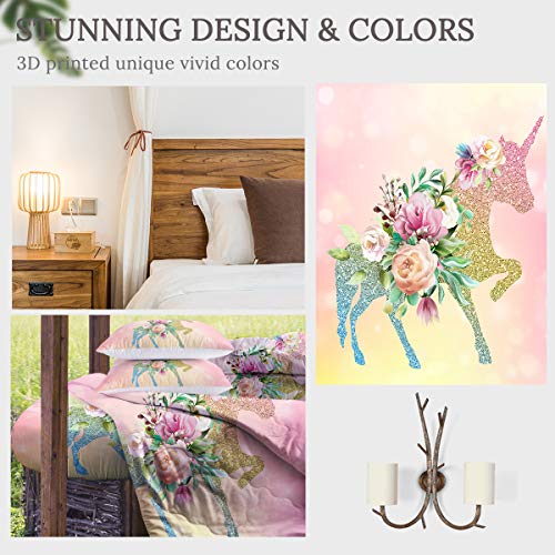 Sleepwish Kids Unicorn Comforter Set Queen Size 3D Glitter Unicorn Rose Print Bedding With 2 Pillow Shams And 1 Cushion Cover 4 Pieces Unicorn Pattern Reversible Comforters For Girls And Women #TOP3