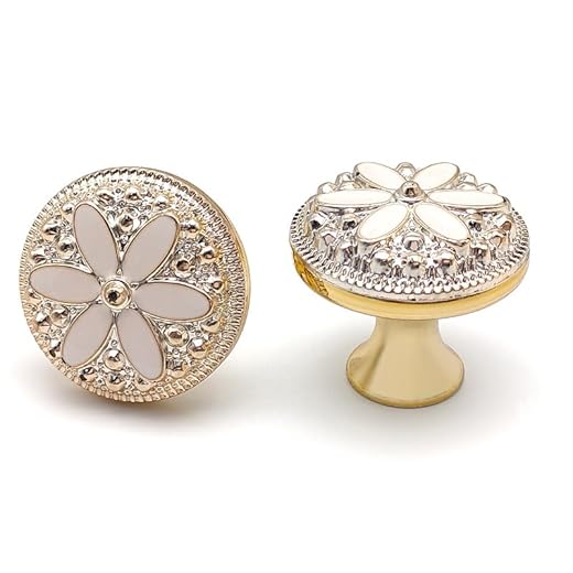 1 Pcs Flower Cabinet Knob,Zinc Alloy Rhinestone Flower Shape Drawer Knobs for Bathroom Closet Wardrobe Dresser Cabinet (Gold and White)