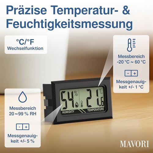 MAVORI Thermo-Hygrometer 5er Set Digital - Mini Hygrometer Innen, 2-in-1 Feuchtigkeitsmessgerät & Raumthermometer digital °C/°F + on/off - für Raumklima, Growbox, Terrarium & Humidor - mit Batterien
