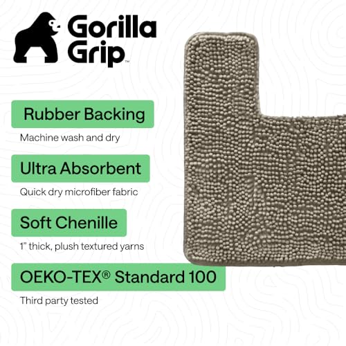 Image of GORILLA GRIP Plush Absorbent Shaggy Chenille Bath Rug Mat for Square Toilet Base with Rubber Backing, Machine Washable Rugs, Soft Microfiber Contour Mats for Toilets, Bathroom Decor, Latte