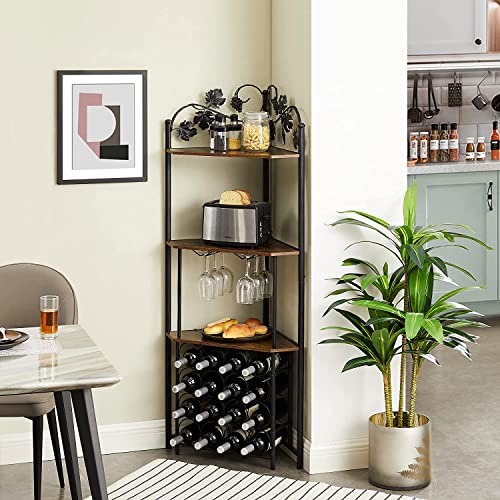 Vecelo 3-Tier Corner Wine Rack Freestanding Floor With Glass Holder, 16 Bottles, Wooden Home Liquor Bar Cabinet Storage Display Shelf For Kitchen Dining Room, Rustic Brown #TOP1
