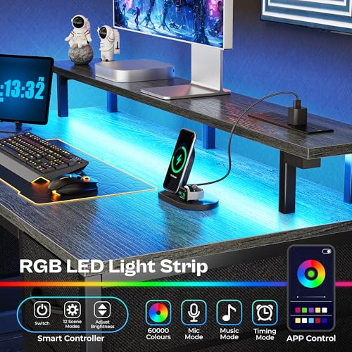 Image of Huuger 47 inch Computer Desk with 4 Drawers, Gaming Desk with LED Lights & Power Outlets, Home Office Desk with Large Storage Space for Bedroom, Work from Home, Grey