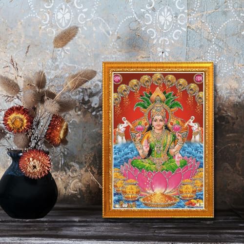 Image of CRAFT QUEST Lakshmi Devi Wall Painting Photo Frame for Diwali Pujan (Synthetic, Golden, Sparkle Finish, Small Size, 8 X 6 Inch)