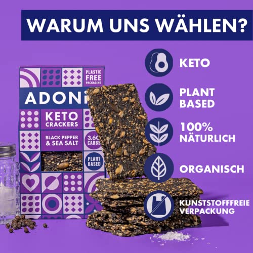 Adonis Black Pepper & Sea Salt Keto Cracker (10 x 60 g Packung)| Vegan & Keto-freundlich | 100 % natürlich | Glutenfrei, zuckerfrei, palmölfrei, milchfrei | Zuckerarm, kalorienarm und kohlenhydratarm