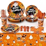 129 Pcs Halloween Plates and Napkins Set Spooky Disposable Tableware Dinnerware Cups Straws Knives Forks Horror Theme Birthday Party Decorations Favors for 16 Guests (Cute Ghost)
