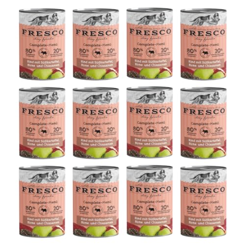 Fresco Complete-Menü Rind mit Süßkartoffeln, Birne & Chiasamen | 12er Pack | 12 x 400 g | Nassbarf für Hunde | Wichtige Proteine & Eiweiß | Aus reinem Muskelfleisch