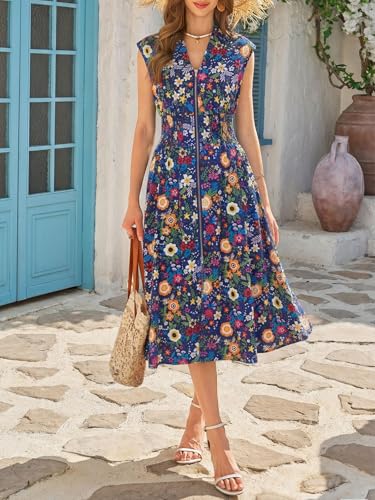 Image of Wenrine Womens Smocked Midi Dress Zipper V Neck Long Summer Dresses | zip front, empire waist, cap sleeve, flowy, a line, high slit, casual midi dress