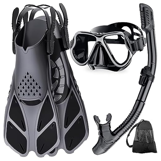 Zenoplige Mask Fins Snorkel Set Adults Men Women, Swim Goggles 180 Panoramic View Anti-Fog Anti-Leak Dry Top Snorkel and Dive Flippers Kit with Gear Bag for Snorkeling Swimming Scuba Diving Training