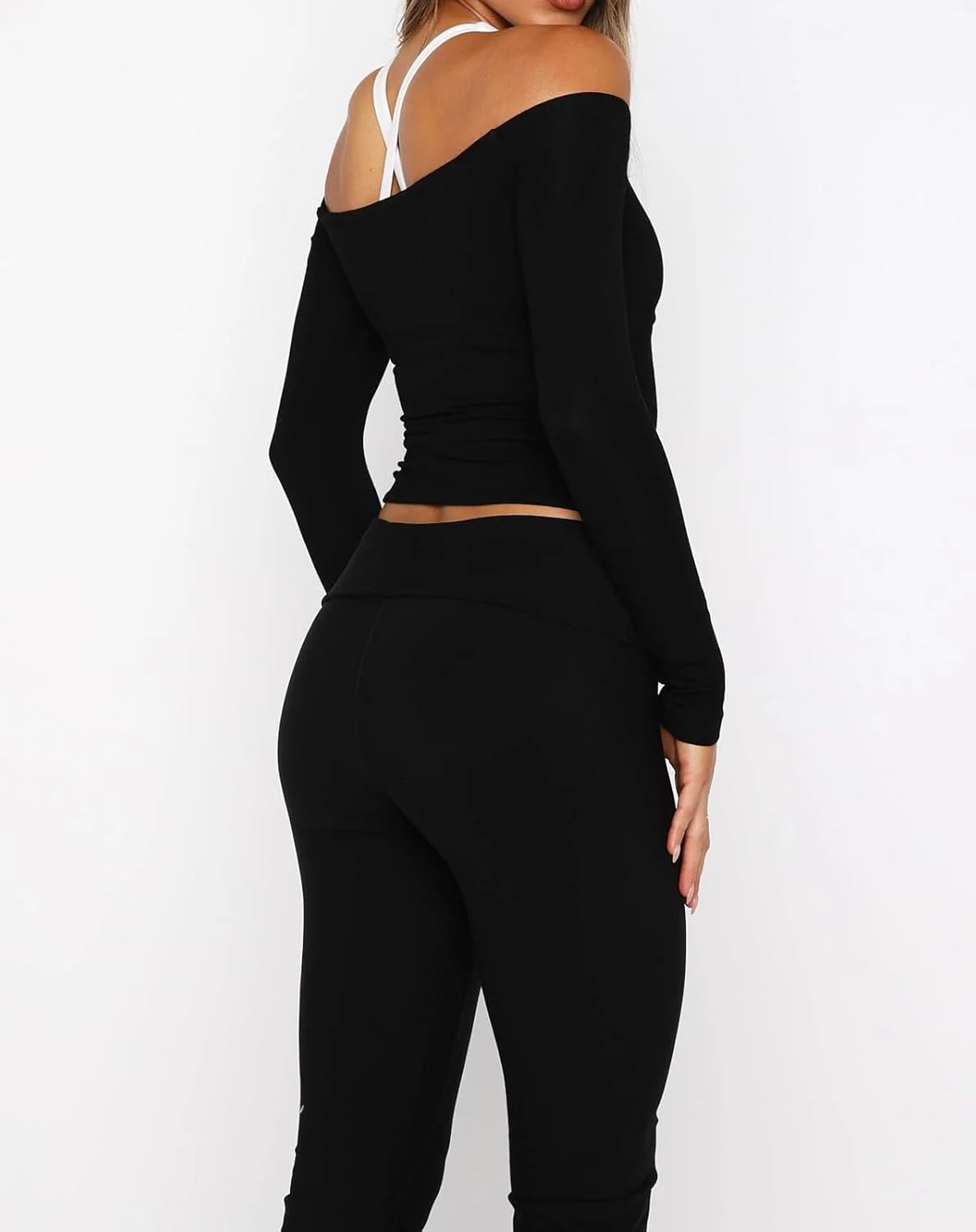 Womens Off The Shoulder Workout Tops Y2k Long Sleeve T Shirts Gym Crop Top Going Out Streetwear - Image 2