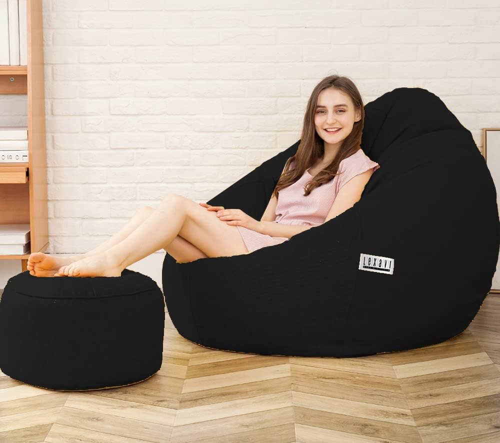 LEXAVI® - 6XL Premium Superior-A Grade Orchid Leather Filled with Beans Jumbo Bean Bag with Footrest and Cushion Adult Size Bean Bag Capactity-Upto 6Feet (Ready to Use) Color (XXXXXXL-Black)