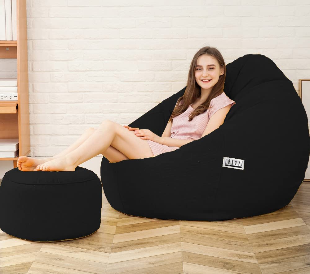 LEXAVI® - 5XL Large Premium Imported Soft Faux Leather Bean Bag with Footrest with Cushion, Extra Comfortable and Big Size to Other Bean Bags Without Beans (Cover Only) I Color- (XXXXXL-Black)