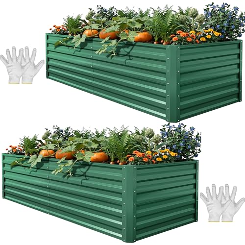YITAHOME 6x3x2ft 2pcs Large Raised Garden Bed Kit, Galvanized Metal Planter Box with Gloves, Ground Nails, Support Rod, Outdoor Above Ground Planters for Plants Vegetables Flowers, Green