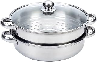 Stainless Steel Double-Layer Soup Steamer Cooking Pot Hot Multi-Layer Vegetable Flat Bottom Boiler Soup Steaming Pot with Glass Lid Handle(