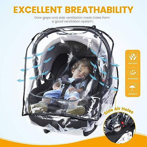 Image of Car Seat Rain Cover Universal, Food Grade EVA, Waterproof Weather Shield for Infant Car Seat with Storage Bag, Baby Car Seat Stroller Rain Cover Features Side Ventilation, Quick-Access Roll-Up Door