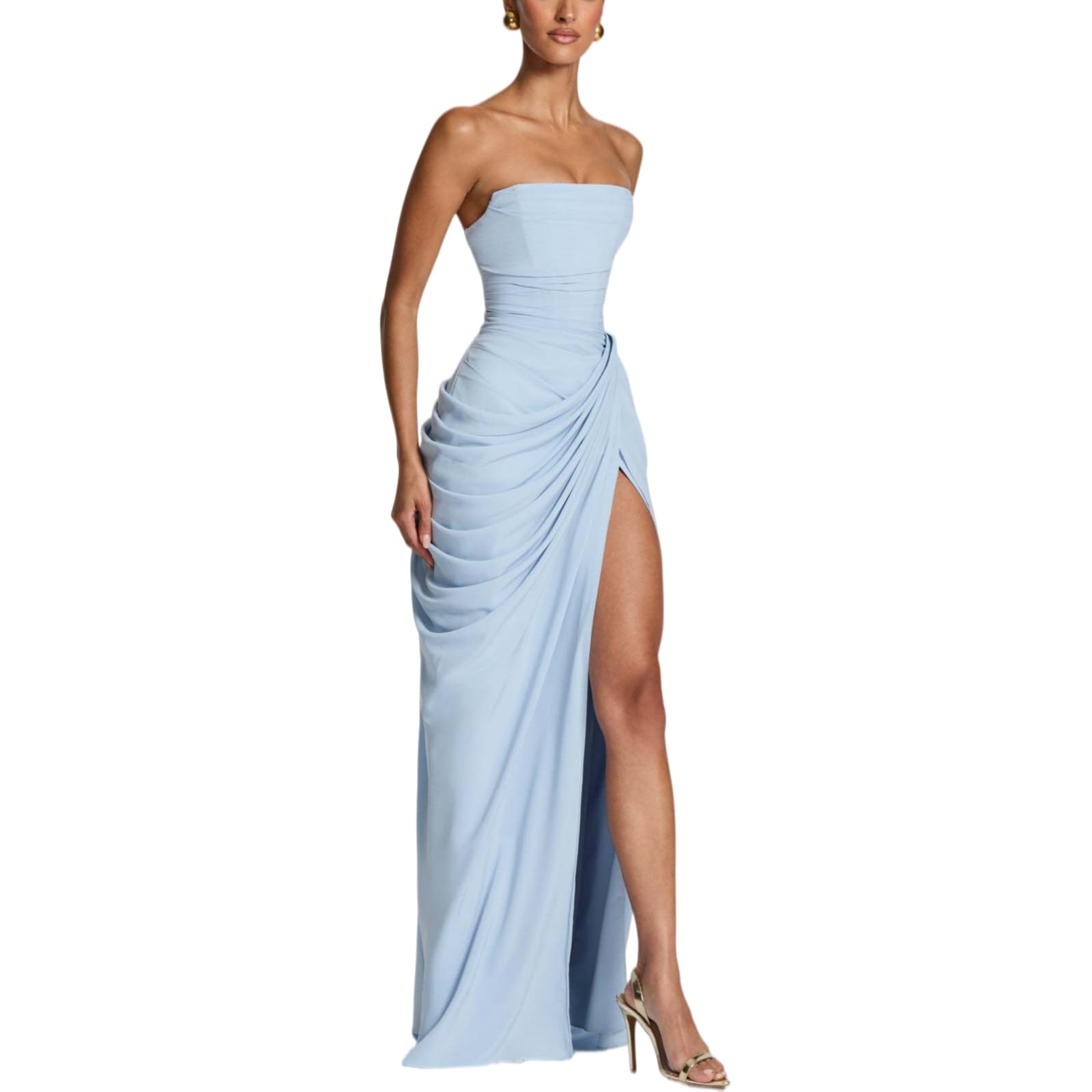 Generico Abito Lungo Elegante da Donna, Modello a Sirena con Corpetto Drappeggiato e Arricciato, Senza Spalline e con Profondo Spacco Laterale.