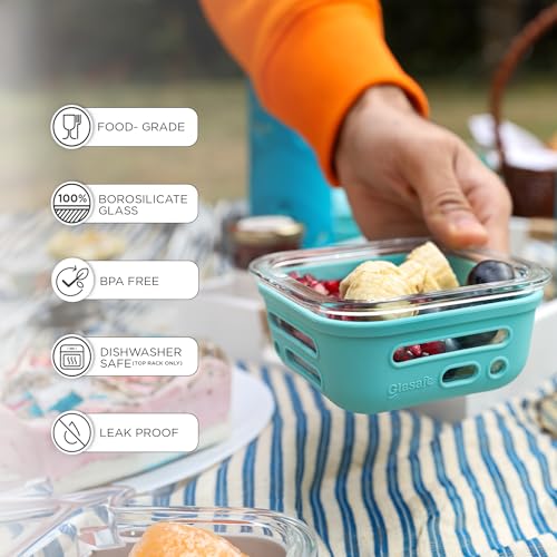 Image of GLASAFE Borosilicate Glass Lunch Box for Office w /t Air-Tight lid & Protective Silicone Sleeve | Tiffin Box for Men & Woman | Microwave & Dishwasher Safe | Leakproof Design | Set of 1-520ml,Green