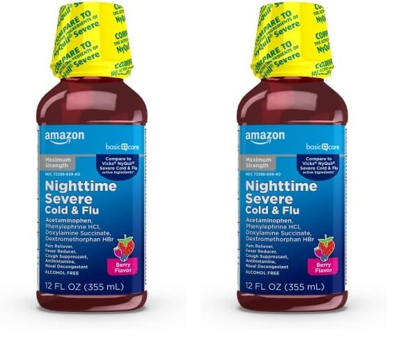 Amazon Basic Care Nighttime Severe Cold and Flu Syrup, Max Strength Liquid Medicine, Multi-Symptom Relief, for Adults and Children 12 Years and Older, Mixed Berry Flavor, 12 fl oz (Pack of 2)
