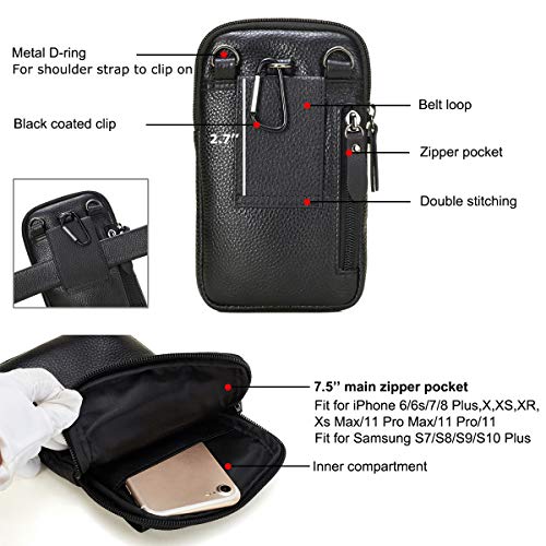 Viiger Leather Cell Phone Holster Compatible With Iphone 14 Pro Max Case Small Travel Crossbody Purse Belt Loop Pouch Bag Holder W/Clip Strap Women Men Mini Messenger For S22 Ultra / S21 Ultra, Black #TOP3