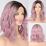 QD-Udreamy Brown Ombre Purple Short Water Wave Hair Lace Front Wigs Glueless Synthetic Hair Wigs Heat Resistant Hair Wigs for Women Daily Makeup
