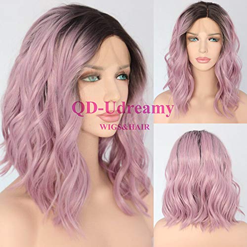 QD-Udreamy Brown Ombre Purple Short Water Wave Hair Lace Front Wigs Glueless Synthetic Hair Wigs Heat Resistant Hair Wigs For Women Daily Makeup
