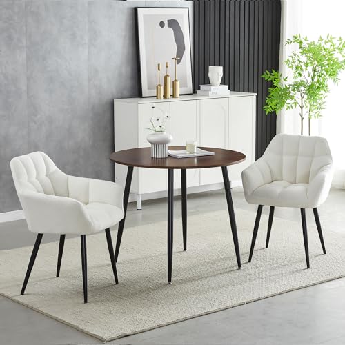 Juego de mesa de comedor redonda de nogal con sillas color crema, muebles pequeños de cocina y comedor para el hogar, la oficina y el café (mesa con 2 sillones)