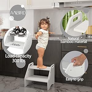 Ambird wooden two step stools toddler with safety non slip pads and handles bamboo step stool for bathroom bedroom kitchen dual height step stools for kids white  urban country home decor