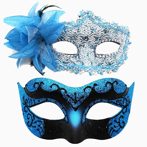Geek-M Couple Masquerade Masks Set Women/Men Mardi Gras Mask Venetian Party Mask for Halloween Christmas Costume Ball(Couple Mask Blue)