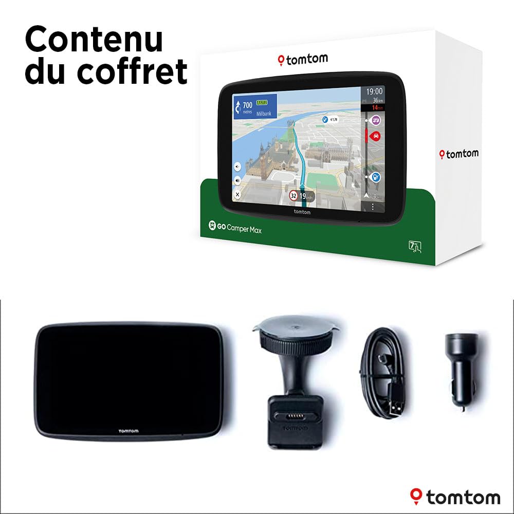 TomTom GPS GO Camper Max 2ème gnt. pour Camping-Car et caravanes, écran 7" avec Poi dédiés, MàJ Via Wi-FI,TomTom Traffic, Alertes des Zones de Danger, Cartes Monde, ZFE, mémorisation des profils