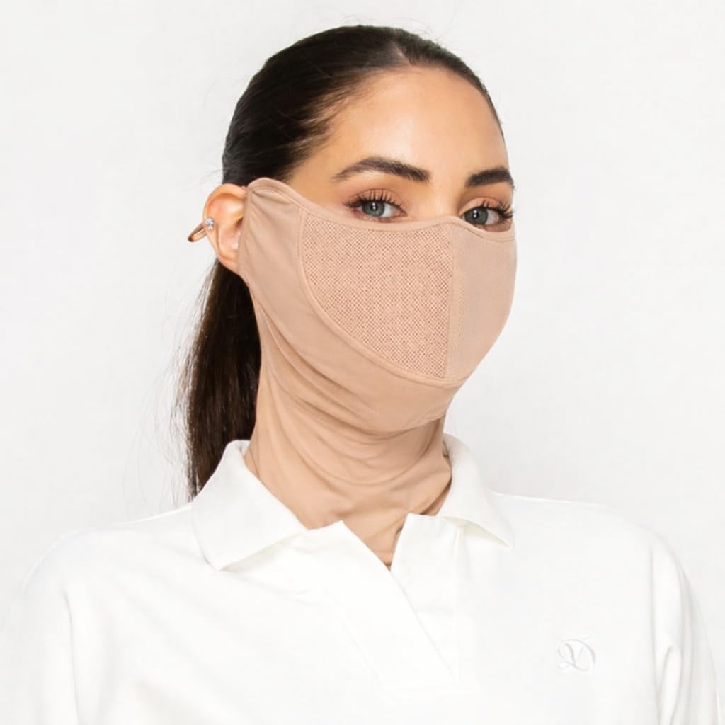 Cooling Face Mask Bundle 2 Pack UVA UVB 99.9% Block Made in KOREA UV Protection Outdoor Sports Golf Lightweight Breathable Mesh Adjustable Fit Golf Cycling Driving Gardening (Skin+White)