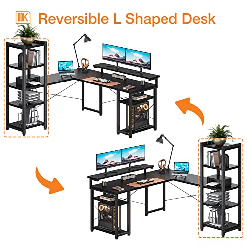 Odk L Shape Computer Desk With Monitor Stand, 54 Inch Home Office Desk With Storage Printer Shelves, Sturdy Gaming Table With Reversible Bookshelf For Bedroom, Black #TOP4