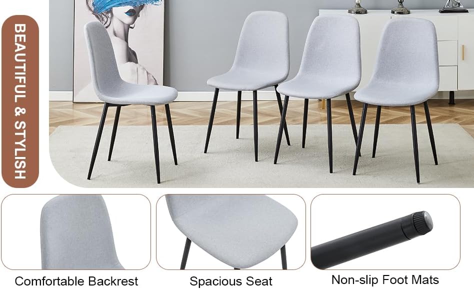 Miniatura 8 de Juego de 6 sillas de comedor con mesa y sillas  Moderno asiento tapizado de lino y algodón con diseño ergonómico para cocina y comedor, gris, 6