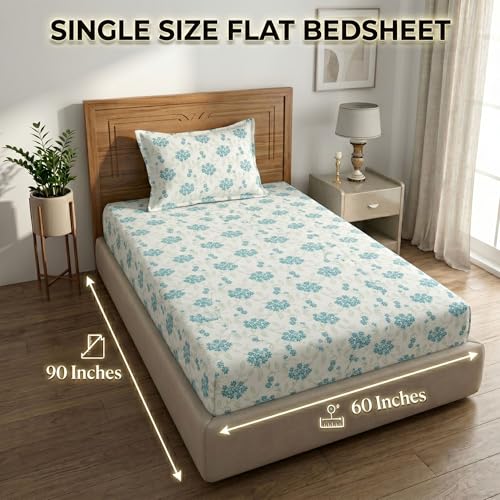 Image of Mafatlal 186 TC Grace Cotton Bedsheet for Single Bed | 154 x 228 cm | Soft, Durable & Breathable Fabric | Includes Pillow Cover | Blue Grass