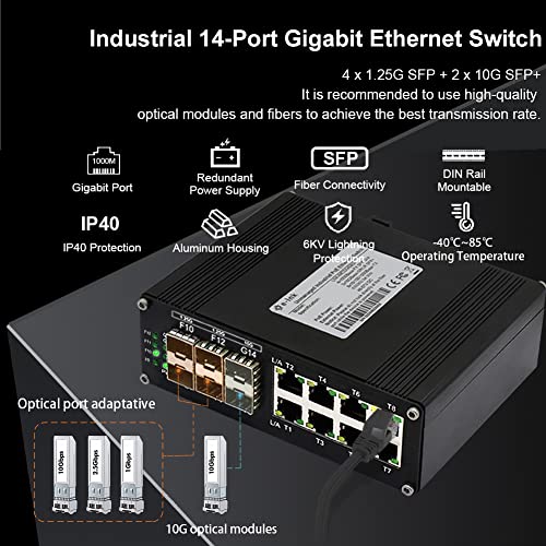 Image of Industrial 8-Port Gigabit Ethernet Plus Switch with 2x10G SFP+ and 4x1.2.5G SFP, 10 /100 /1000Mbps, DIN Rail Mount Unmanaged Ethernet Fiber Switch