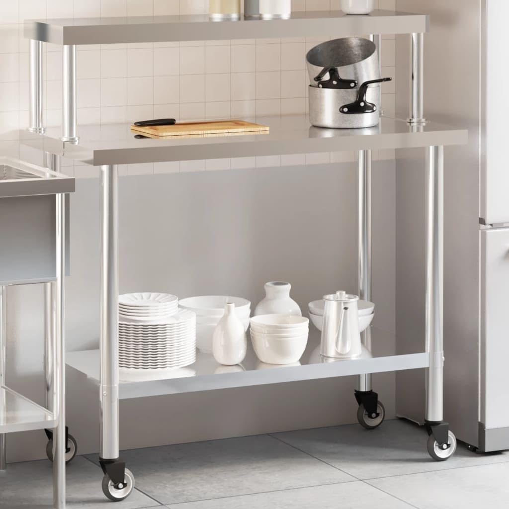 Tavolo da lavoro da cucina con ripiano, 110 x 55 x 120 cm, in acciaio inox, per gastronomia, professionale, con ruote e ripiano, per ristoranti, bar, catering e uso commerciale