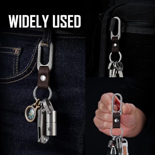 Image of KeyUnity KM02 Titanium Belt Clip Carabiner Leather Keychain Holder with Removable Stainless Steel Key Ring