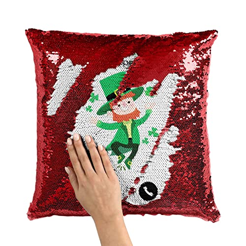 Housse Coussin Paillettes Rouge Leprechaun Trèfle Irlande