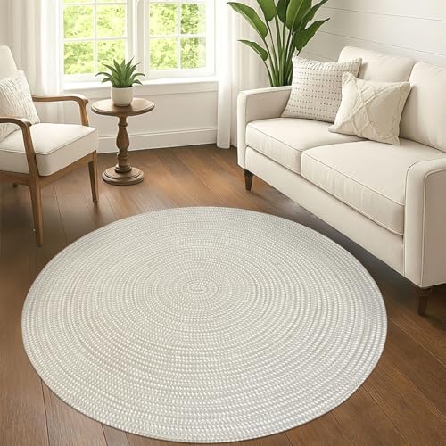 USTIDE Hand Woven Braided Rug Reversible Round Area Rug for Living Room Bedroom Study Computer Chair Cushion Base Mat Circle Carpet Lifts Basket Swivel Chair Pad Coffee Table Rug (Light Camel, 4Ft)