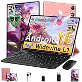 Tablet Android 15 10 Pulgadas 64GB ROM + 2TB TF, Gemini AI, Octa-Core 2.0Ghz, 1280 * 800 FHD IPS, Standby Extra Largo, 5G WiFi, Widevine L1, 5MP + 8MP, Face ID, GMS, Tablet con teclado y raton - Rosa