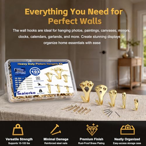 Image of 103PCS Picture Hanger Kit (10-100lbs) with Screws,Picture Frame Hooks Heavy Duty Picture Framing Supplies Kit for Picture Hanging -6 Models