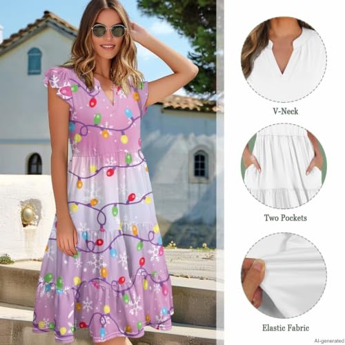 Image of Women's Casual Ruffle Sleeve Dress V Neck Pullover Dress Flowy A-Line Pleated Lightweight Dress with Pockets