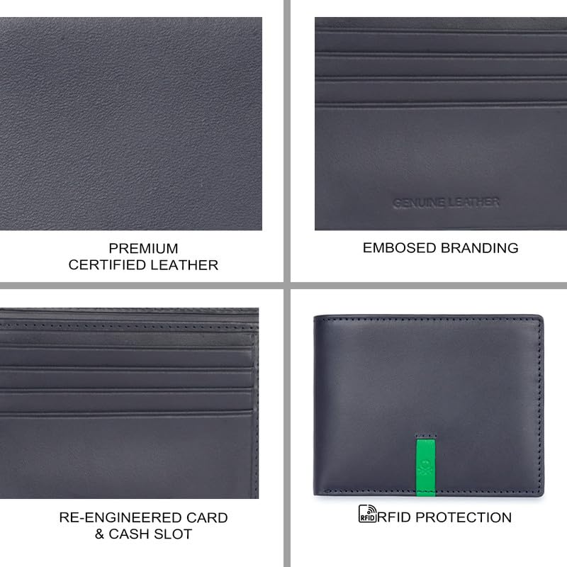 Image of United Colors of Benetton Men RFID Protected Derwent Slimfold Wallet - Navy+Green, No. of Card Slot: 8 | Tape Inlayed Slimfold Wallet with Side Closure | Leather