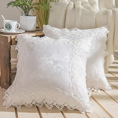 Jacquard Throw Pillow Covers Vintage Cushion Cover Lace Throw Pillow Cases for Couch Sofa Farmhouse Home Decoration Square 18 x18 Inch Set of 2 White