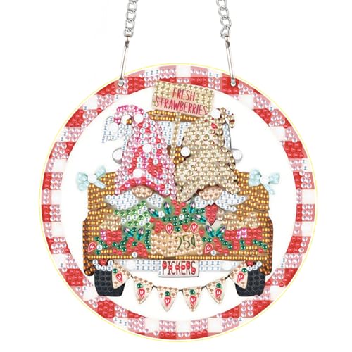 Image of DIY 5D Diamond Painting Hanging Pendant Kit Special Shaped Diamond Dots Art Acrylic Ornaments, Pink Gnome Diamond Art Pendant for Adult Home Wall Window Decor Gift