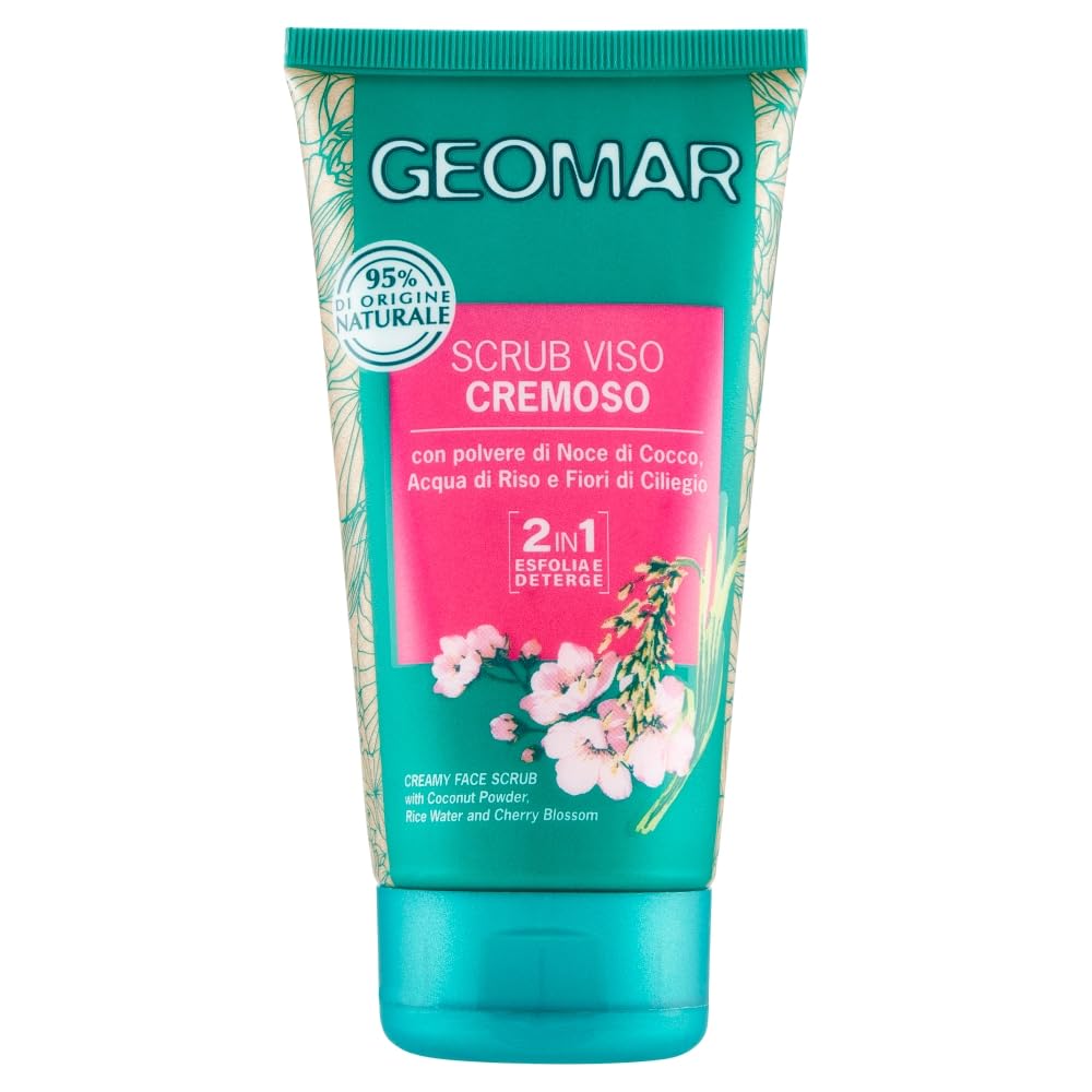 GEOMAR | Scrub Viso Detergente Cremoso, Con polvere di Noce di Cocco, Acqua di Riso e Fiori di Ciliegio, 95% di Origine Naturale, Made in Italy, 1 x 150 ml