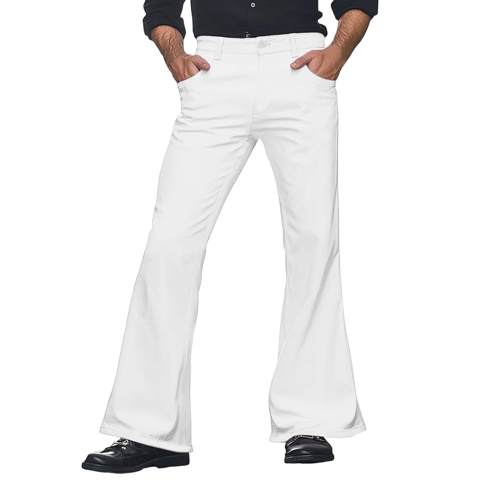 Men's 70s Flared Trousers with Wide Leg for Retro Disco Parties, Stretchy Polyester Blend, Vintage Bell Bottoms for Carnival Costume, Size Waist 30-40 (White, S)